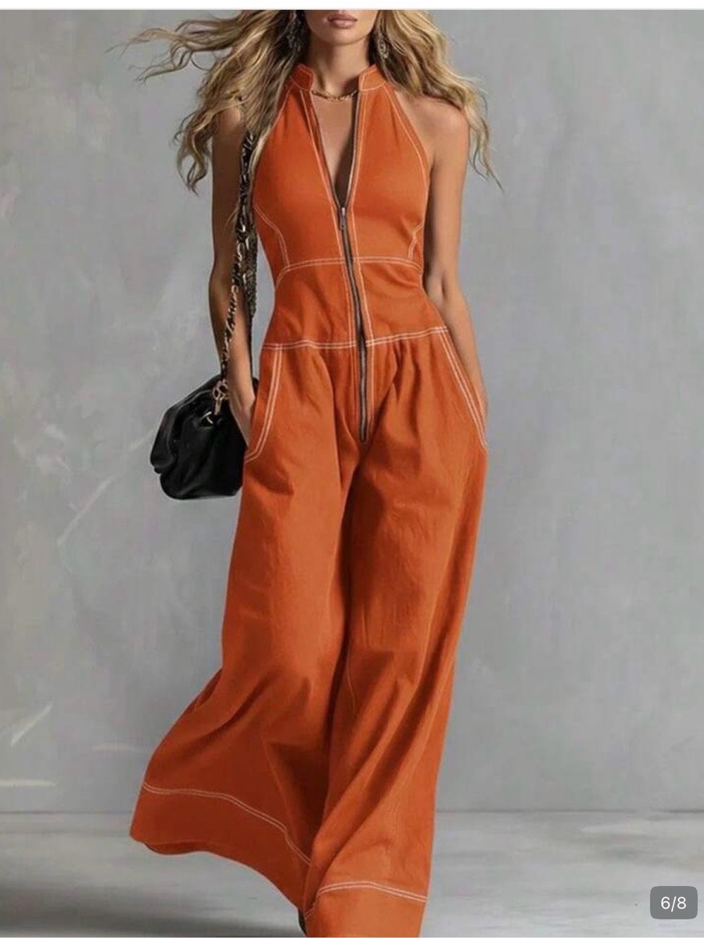 Sleeveless Zip-Front Wide-Leg Jumpsuit in Rust Orange